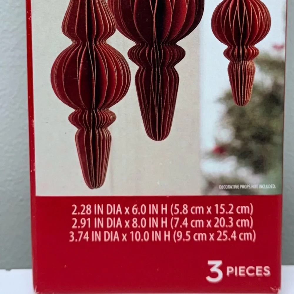 New! Holiday Time Set of 3 Red Paper Finial Christmas Holiday Ornaments / Decor